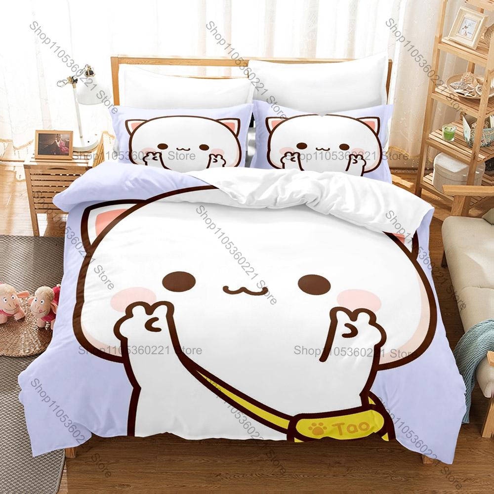Personality Adorable Peach And Goma Cat Bedding Set New Sweet Couple Printed Duvet Cover Soft Bed Set For Girls Kids Room