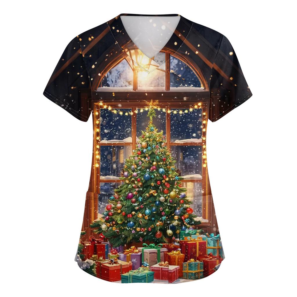 Women's V-neck Christmas printed short-sleeved pocket side-slit protective suit top