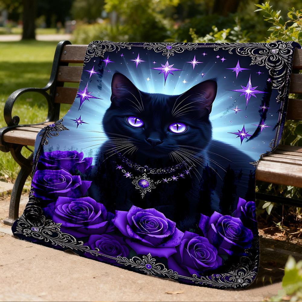 1pc Purple Rose Cat Outdoor Flannel Blanket , Machine Washable Perfect Gift for Birthday , Holiday Travel Accessory , Durable Material