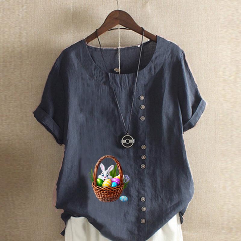 Women's Fashion Round Neck Short Sleeve T-shirt Casual Cotton Linen Graphic Shirt Leisure Loose Rabbit Prined Summer Blouse Tops
