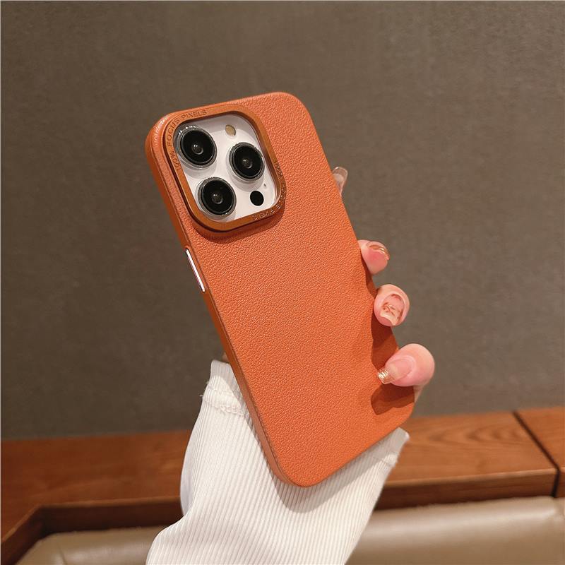 Lychee leather texture is suitable for iPhone 16 Pro Max case metal buttons, iPhone 17 Simple 13 protective case 15