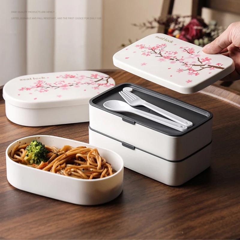 Double-layer Cherry Blossom Lunch Box for Kids Compartmented Meal Prep Food Storage Containers Portable Sealed Bento Lunchbox
