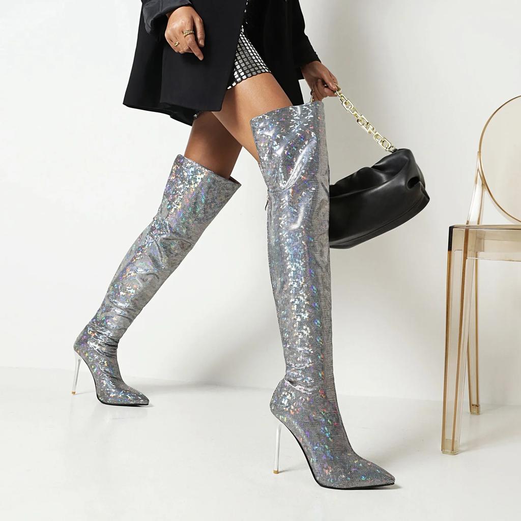 Ladies Pointed Bling Diamond Thigh Boots Rhinestone Boots Printed Retro Over The Knee Boots Transparent Stiletto High Heels Size