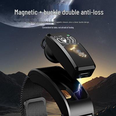 Brățară Smart Sport Multifuncțională cu Căști Bluetooth: Răspuns la apeluri, Monitorizare ritm cardiac și tensiune arterială, Cronometru și Ceas deșteptător.