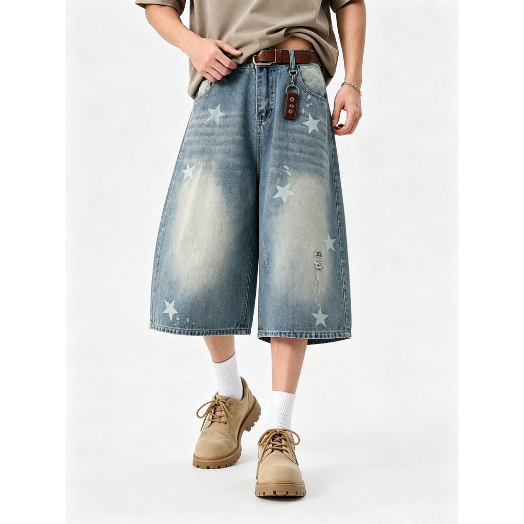 Summer Washed Printed Worn Tide Cropped Pants Loose Female Stars Old Casual Pants Denim Shorts Men Retro