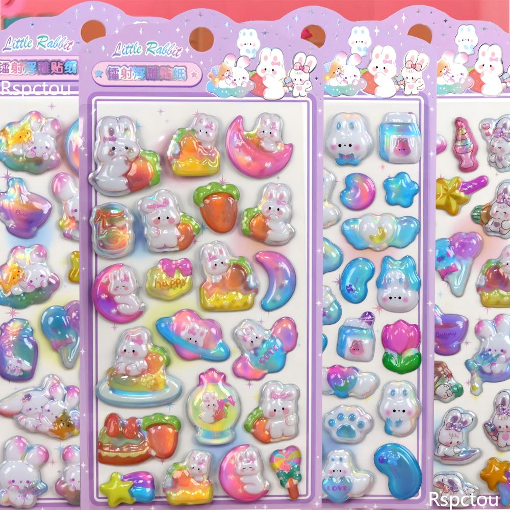 4pcs Kawaii Anime Little Rabbit Relief Stickers Cute Cartoon 3D Puffy Decals Fridge Guitar Diary Phone Waterproof Sticker Decor