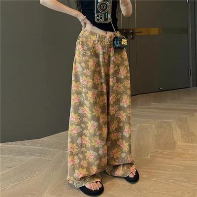 Blugi de damă, de primăvară și toamnă, imprimați vintage cu picioare largi, design drapat, pantaloni largi, casual, cu tragere.