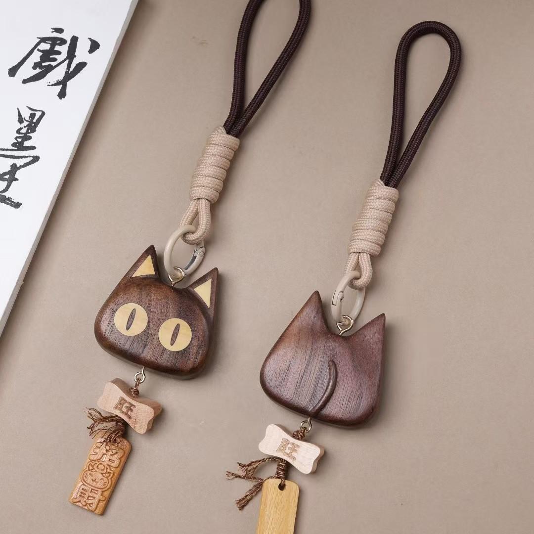 3D Walnut Wood Lucky Cat Pendant Keychain & Car Ornament Model LY236356