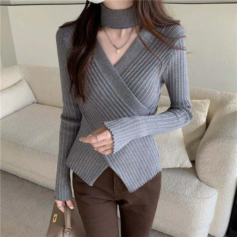 Černý Tenký Slim Halter Dutý svetr Dámské Pletený svetr s dlouhým rukávem Jednobarevné Sexy Ležérní Top Jarní Podzim tílko