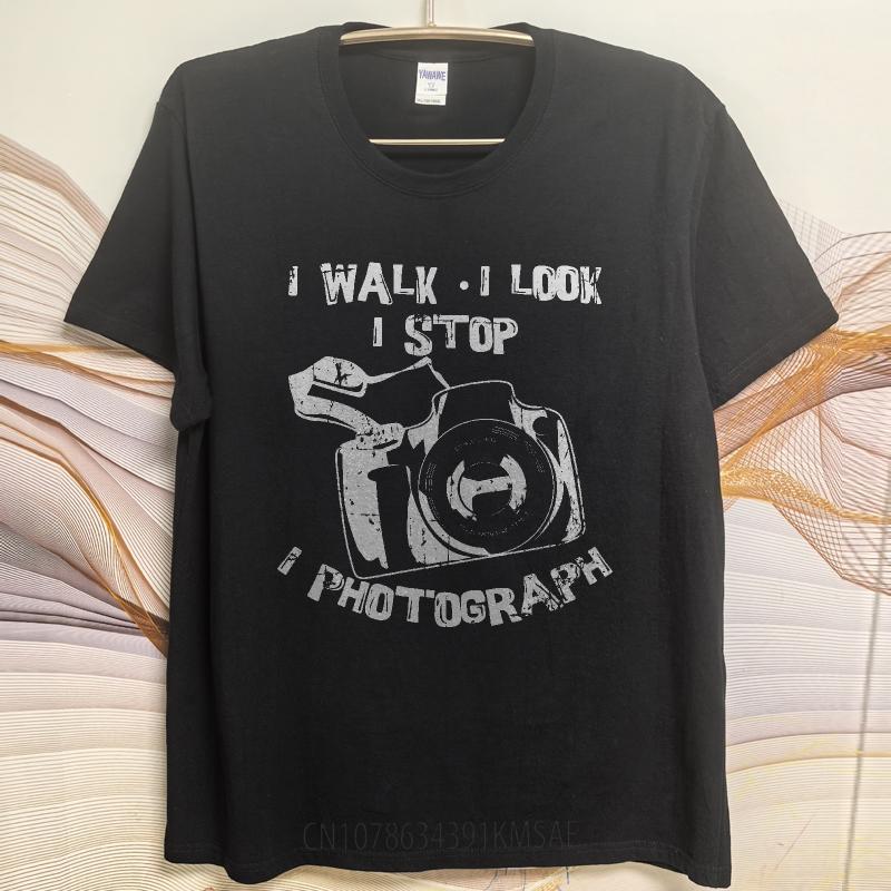 Men Cotton Tshirt Black Summer Boys tshirt I Walk I Look I Stop I Photograph Short Sleeve Relaxed Fit Crew Neck Tshirt