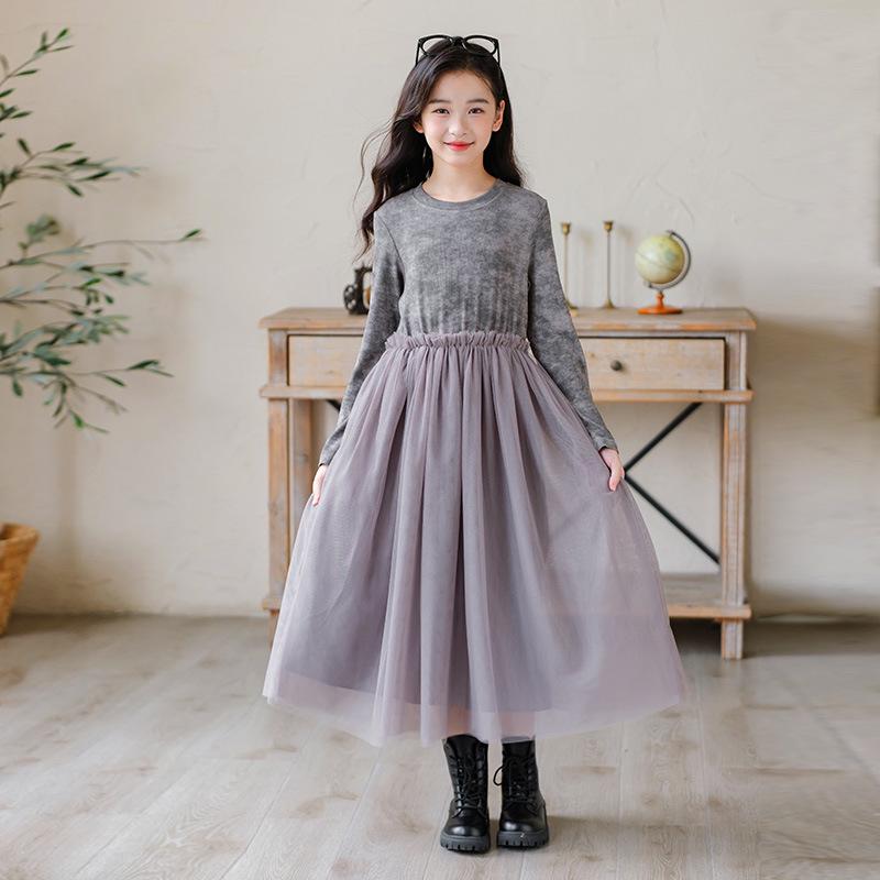 

Весеннее платье для девочек 2025 года, облегающее платье средней длины с сетчатыми вставками 140cm серый