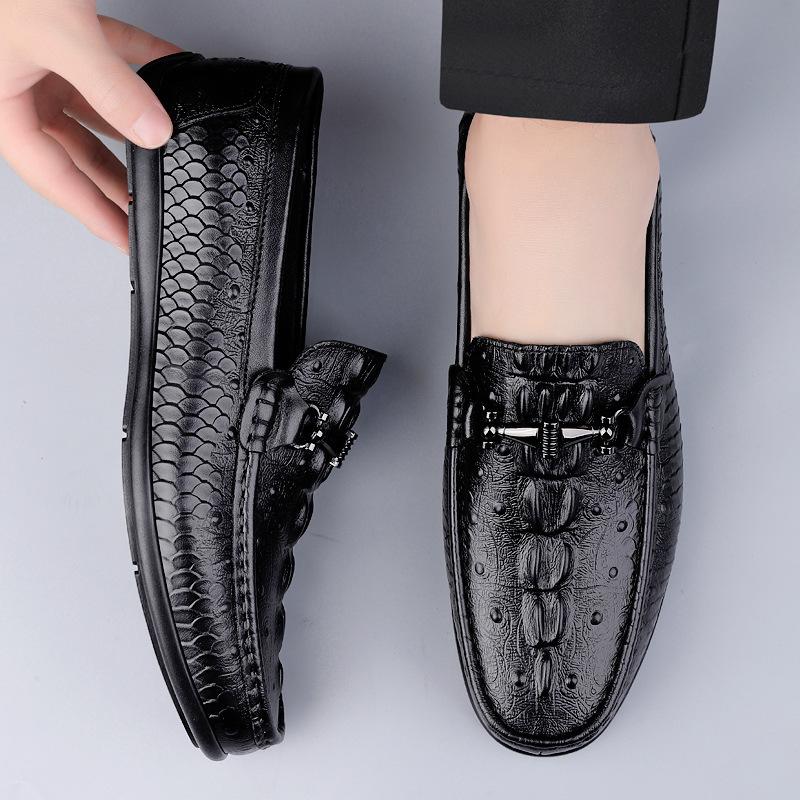Men's Shoes Doudou Shoes Driving Shoes Spring and Summer Low-top Foot Plaid Leather First Layer Cowhide Surface Flat-soled Casual Shoes Leather Shoes