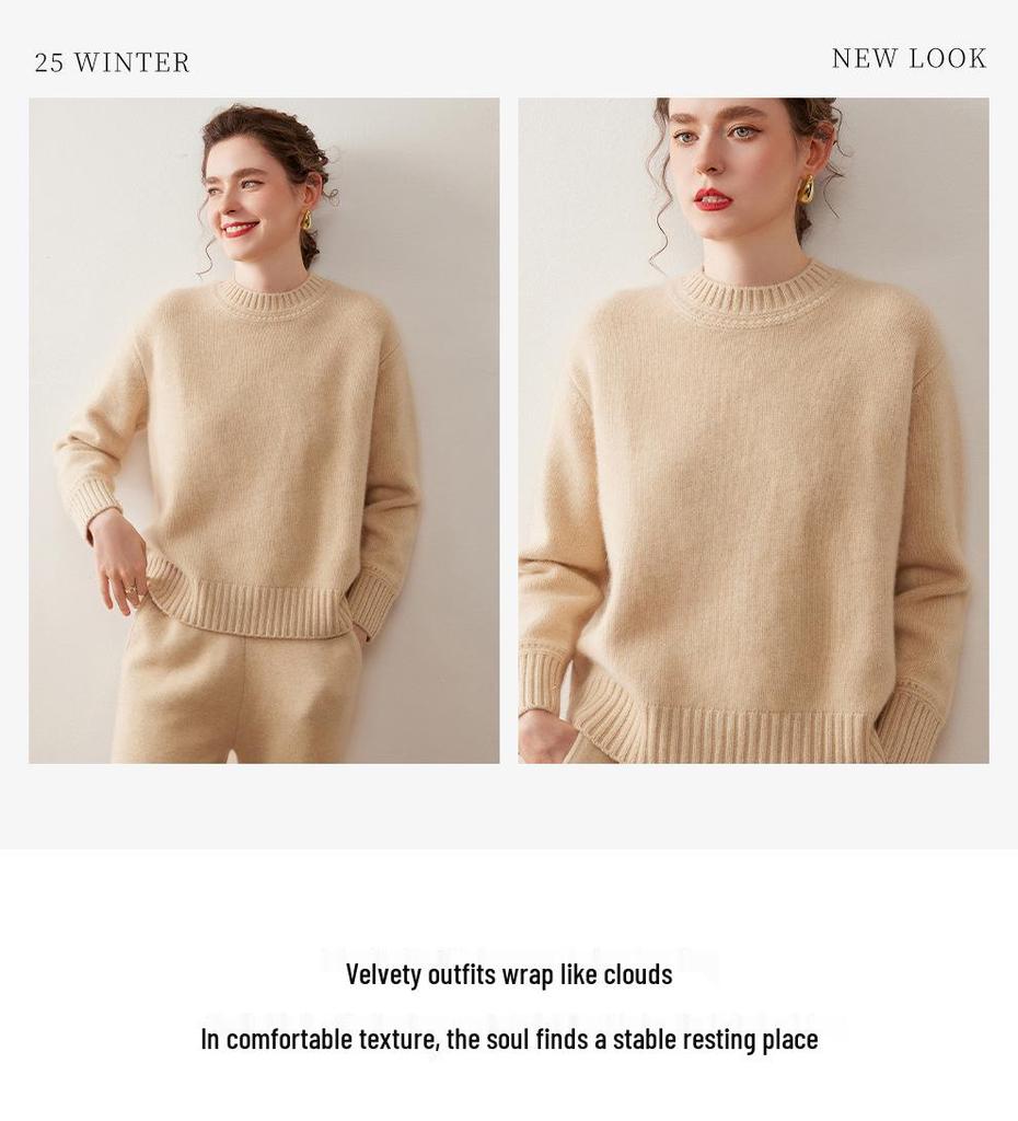 Autumn/Winter Cashmere Raglan Sleeve Women's Sweater - Loose, Slimming, Thick, Round Neck.
