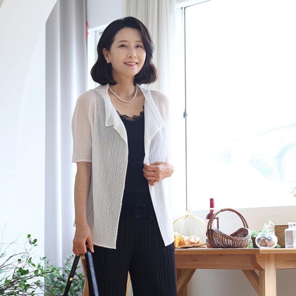 Shiz Madam Mesh See Through Big Collar Pleats Cardigan J31804
