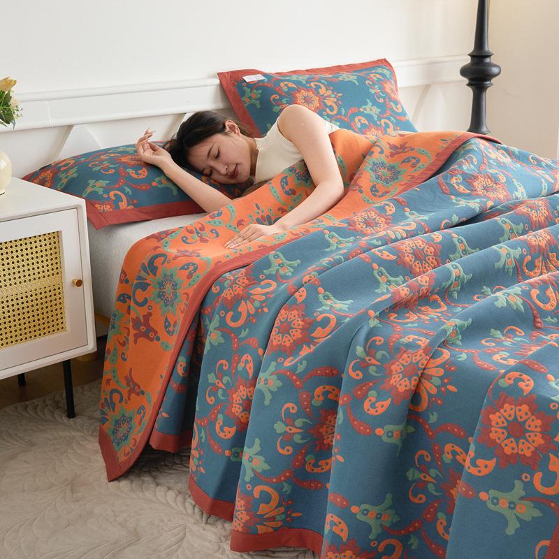 Class A Cotton Towel Blanket: 3-Layer Gauze, Yarn-Dyed Jacquard, 4-Seasons Bedspread, Air Conditioning Quilt, 3-Piece Set