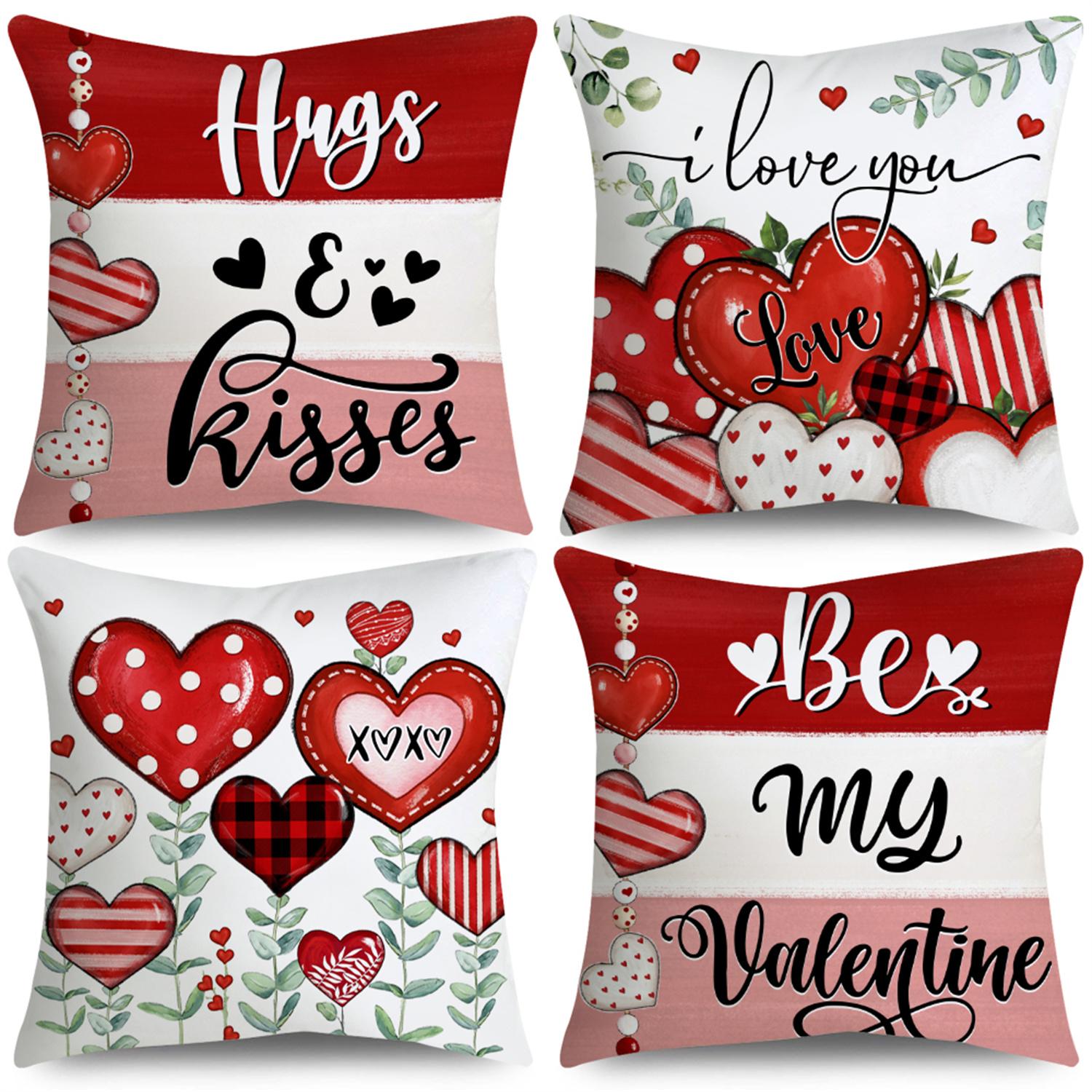 4 шт. Наволочки на подушку ко Дню святого Валентина «Будь моим Валентином», в полоску, с сердечками и узорами из листьев, на молнии, для годовщины, свадьбы, вечеринки 18 X 18-Inch