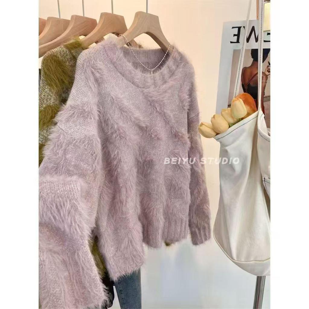 Women's 2026 Autumn/Winter Waterproof Mink Velvet Knit Pullover - Loose Fit, Round Neck, Long Sleeve Sweater