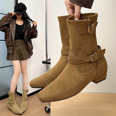 Nischen-Wildleder-Retro-Gürtelschnalle Stiefel zum Stapeln Damen 2025 neu Französisch dicker Absatz vielseitig und dünn mittelhoher Schaft Martin-Stiefel