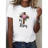 European Size Teediy Women's Christian Faith T-Shirt with Floral Cross and "He Is Risen" Print- Comfortable Fit A-Line Short Sleeve Crew Neck Casual