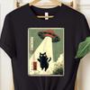 Black Cat UFO Abduction T Shirt Japanese Alien Vintage Washed Streetwear Stretched Versatile Homme Top For Everyday Wear