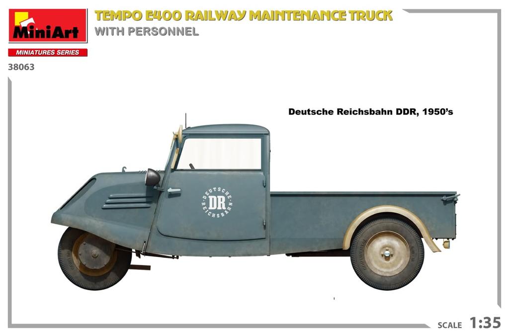 MiniArt Scale Tempo E400 Railway Maintenance Truck with 4 Plastic MA38063 1/35 Figures, Model,