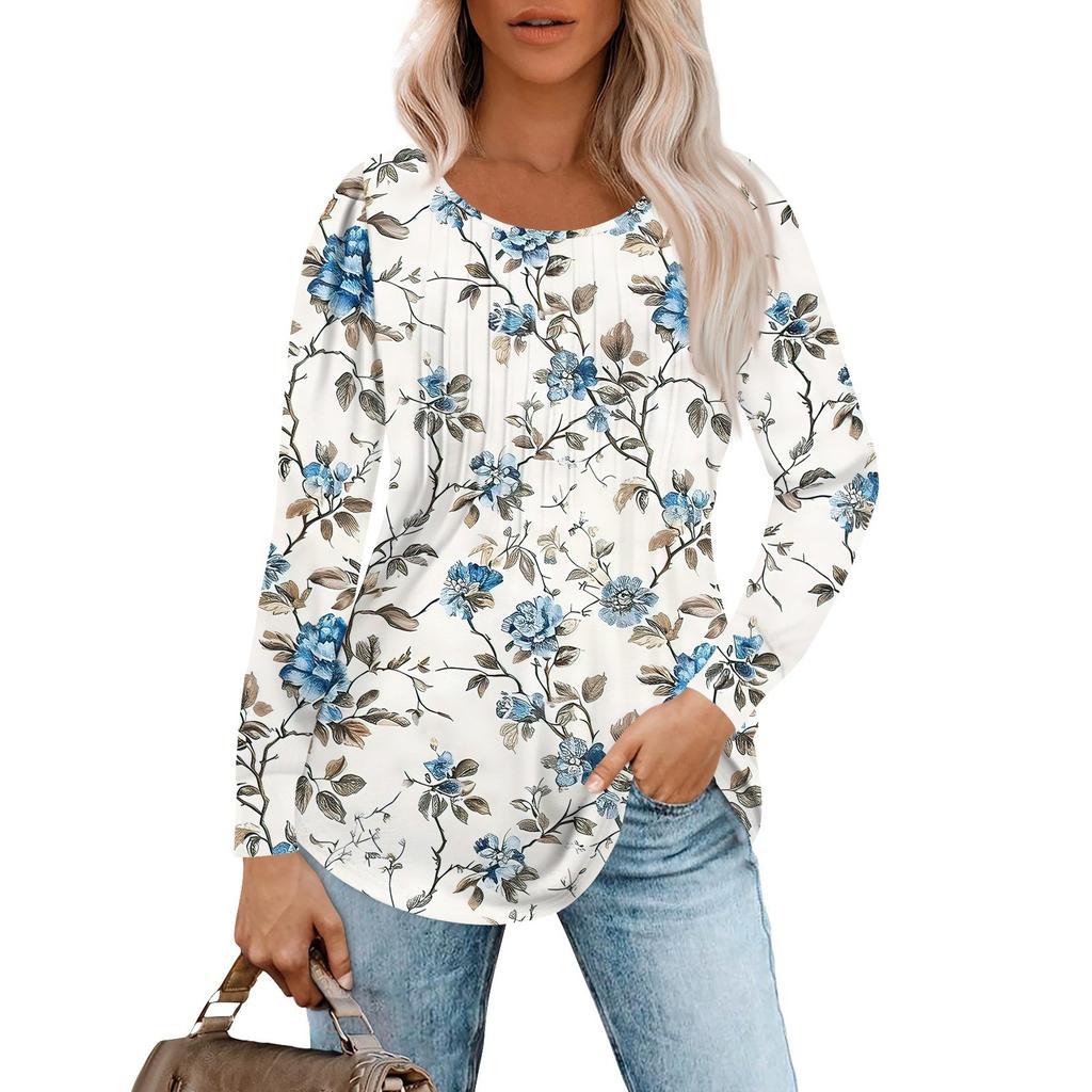 Camisas de manga larga para mujer Tops Blusas casuales elegantes plisadas con cuello redondo