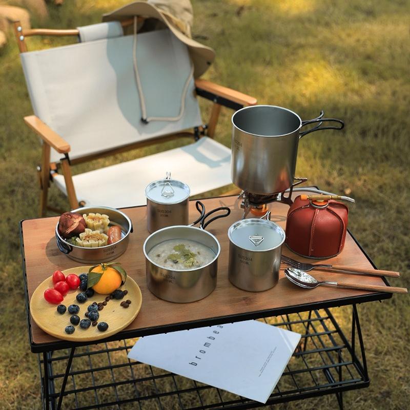 Outdoor Camping Cookware Set Customizable Logo Frying Pan Cooking Pot Water Cup Portable Tableware Stackable