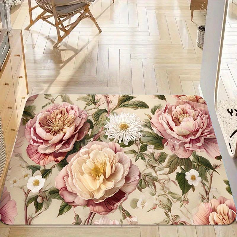 Floral Pattern Printed Fleece Door Mat Carpet Soft Comfortable Indoor Entrance Carpet, Machine Washable, All Seasons Indoor And Outdoor, Kitchen, Bedr