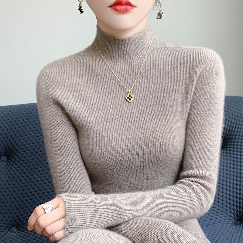Women's Slim Fit Solid Color Knit Pullover Sweater – Autumn/Winter Long Sleeve Half-High Neck Base Layer