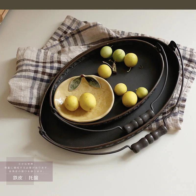 Handle Metal Storage Trays Classical Relief Printing Rotundity Ellipse Plate Delicious Food Dessert Photography Decoration Prop