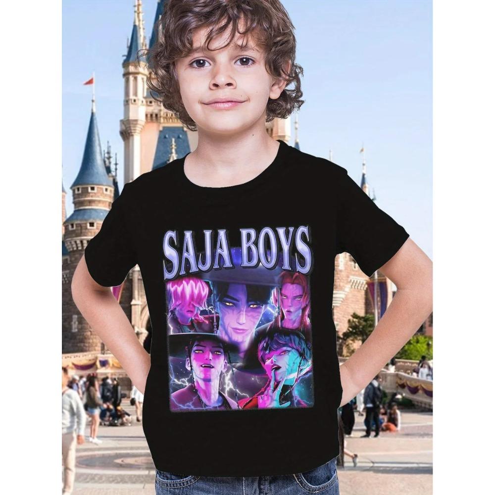 T-shirt Imprimé Chasseurs de Démons K-kPop Saja Vintage Anime Manches Courtes Été Fille Garçon T-shirt Hauts Décontractés Col Rond Vêtements