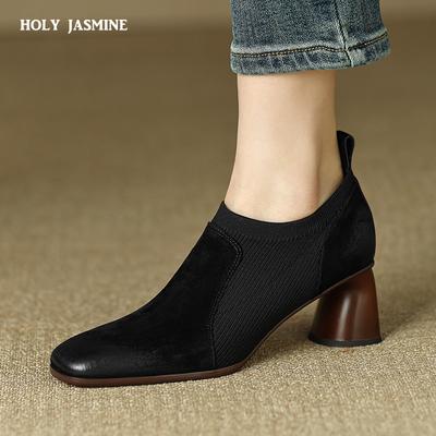 2024 Nueva Moda Cómodos Zapatos de Tobillo de Cuero Genuino para Mujer Elegantes Puntera Cuadrada Tacones Gruesos Zapatos de Salón Fiesta Zapatos Casuales Mujer