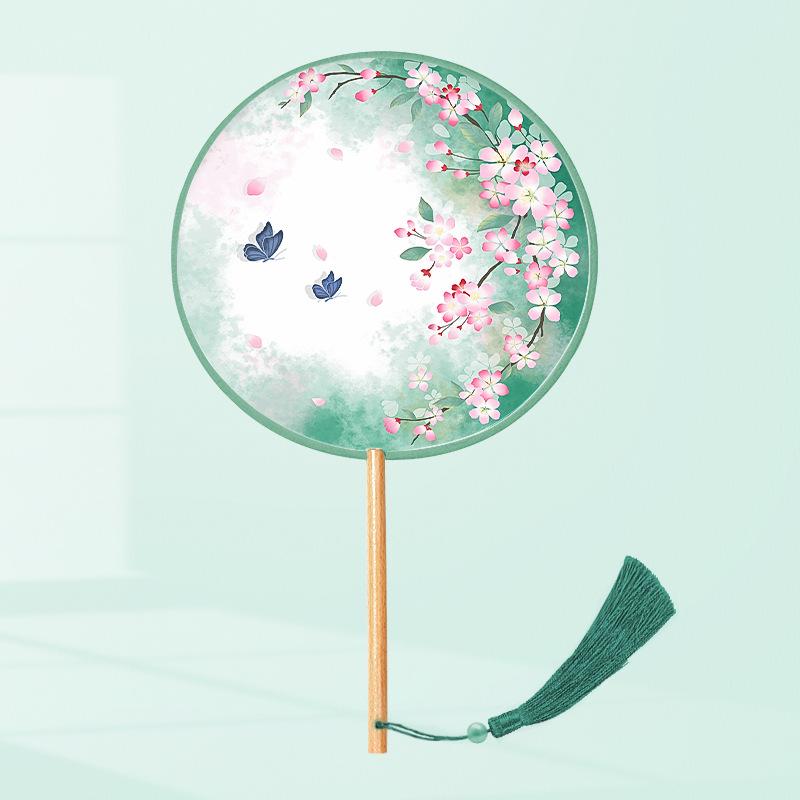 Girls' Summer Hanfu Dance Fan: Long Handle, Double-Sided Embroidered Round Fan for Traditional Costume