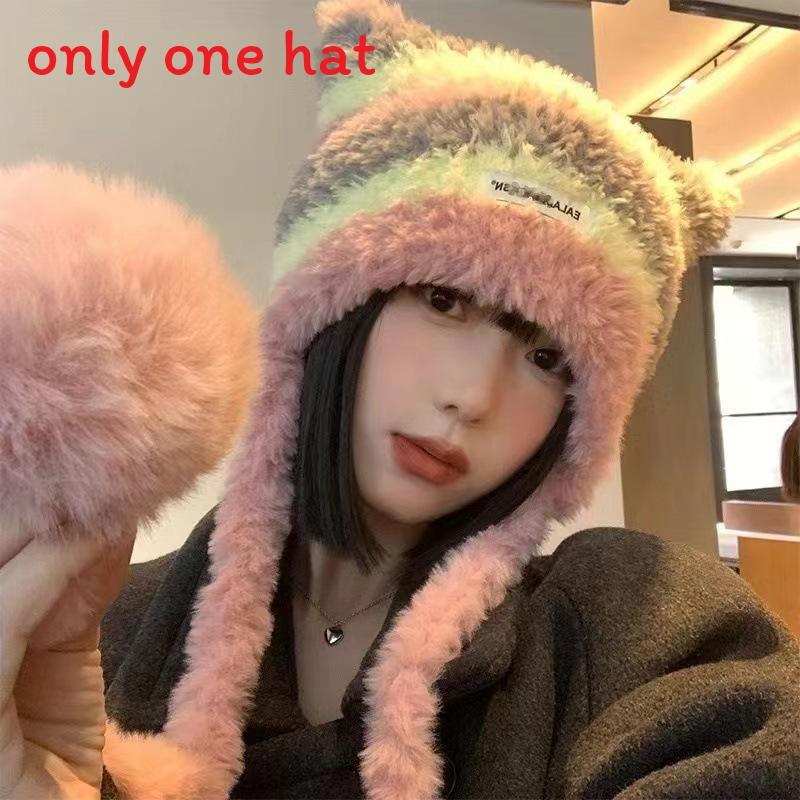 Cat Ear Striped Knit Hat For Women Winter Warmth Windproof Fashion Accessory Pink Hat