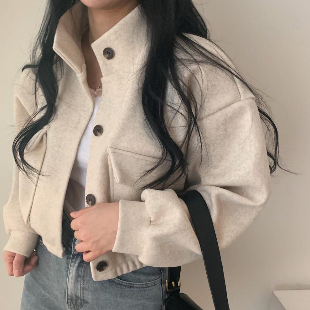 Autumn Winter Loose Wool Coat for Women's Pocket Stand Collar Top Long Sleeve Button Hong Kong Style Wool Coat