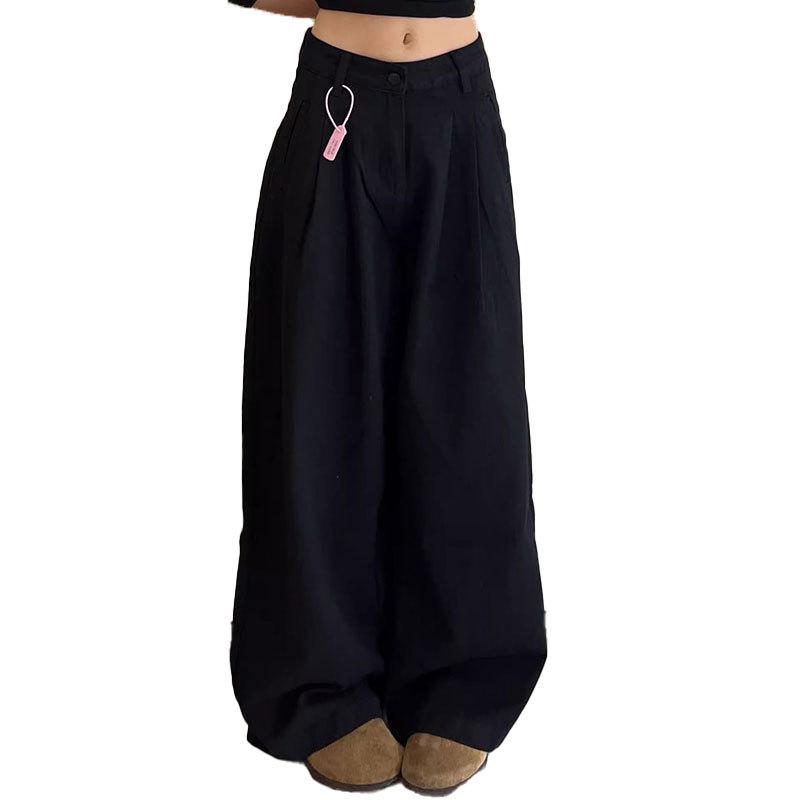 Damen Schwarze Jeans Locker High Waist Gerades Bein Lässig Weites Bein Jeanshosen