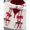 Sexy Naughty Santa Claus Cosplay Costume - Red and White Stretch Fabric Lingerie Set with Burgundy Bow, Thong, Headband and Collar - Adjustable