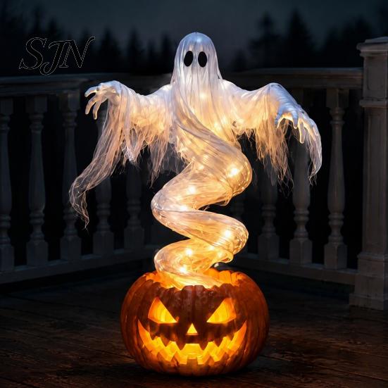 Decorative Lighted Autumn Sculptures Halloween Swirling Ghost Pumpkin Yard Lamp, Spooky Outdoor Holiday Lawn Accents Statue, Warm LED Decoration