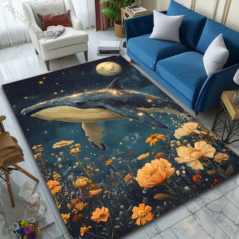 1PC Starry Whale and Floral Dream Print Carpet Rug for Living Room Bedroom Sofa Doormat Home Decor Non-slip Floor Mat