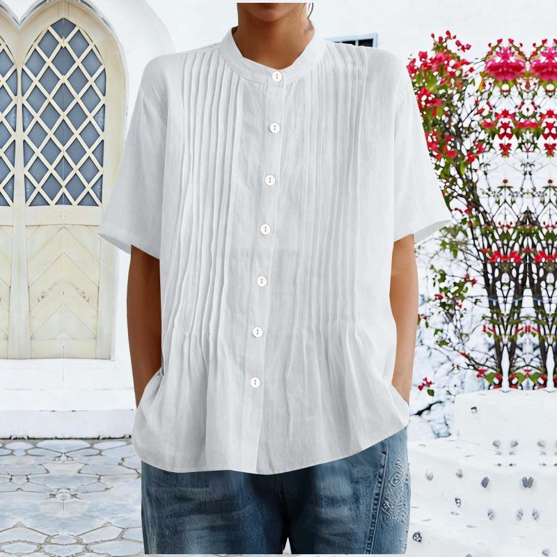 Damen Hellblau Plissierte Bluse Lässig Stehkragen Kurzarm Knopfleiste Einfarbiges Oberteil