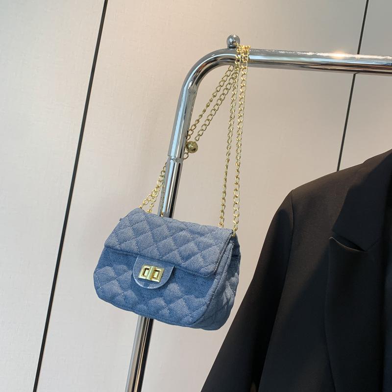 High-Value Foreign Style Lock Small Square Bag, Autumn New Denim Fashion Diamond Chain Messenger Bag