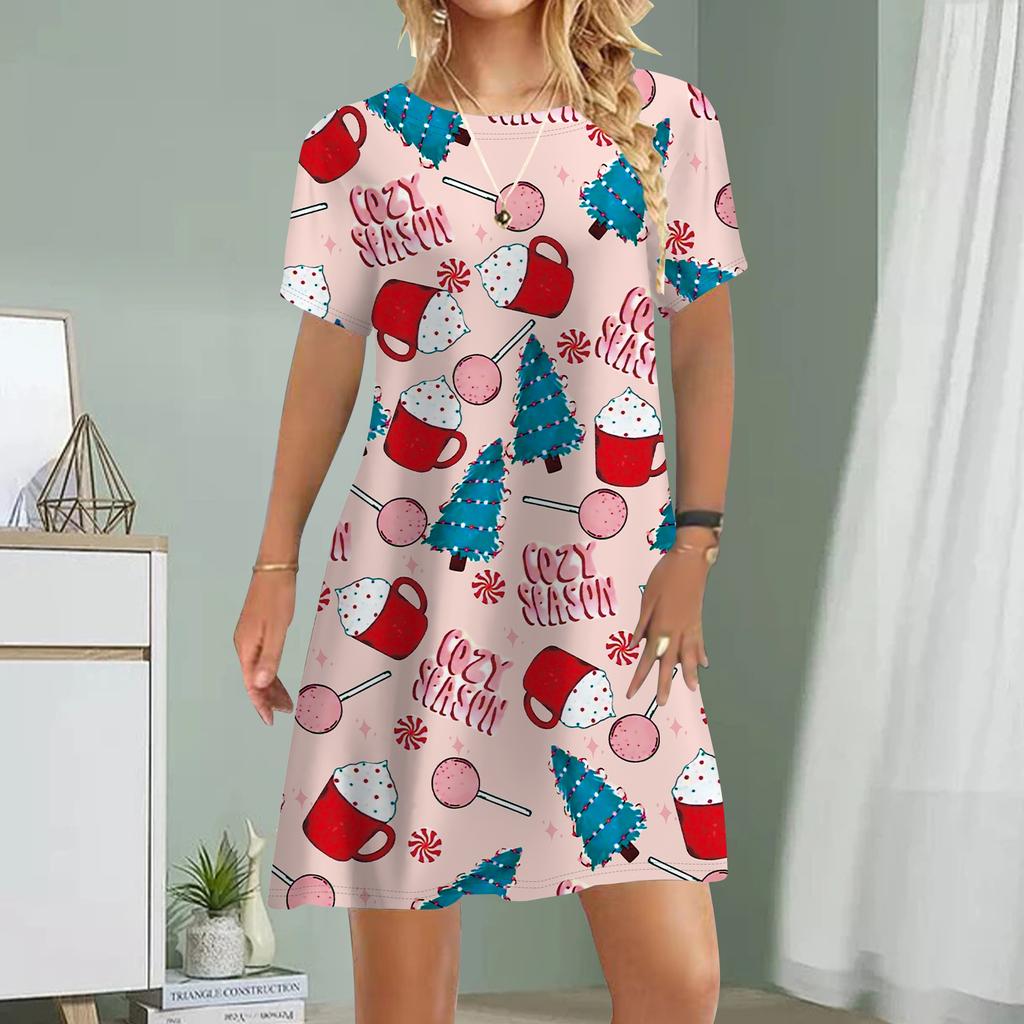 Damen Freizeitkleid Sommer Glasdruck Kleider für Damen O-Ausschnitt Kurzarmkleid Übergröße