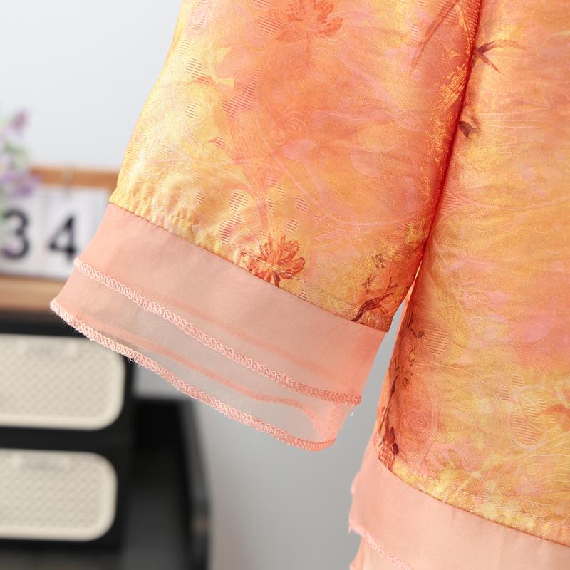New Chinese Style Printed Stand Collar Shirt for Middle-aged Women