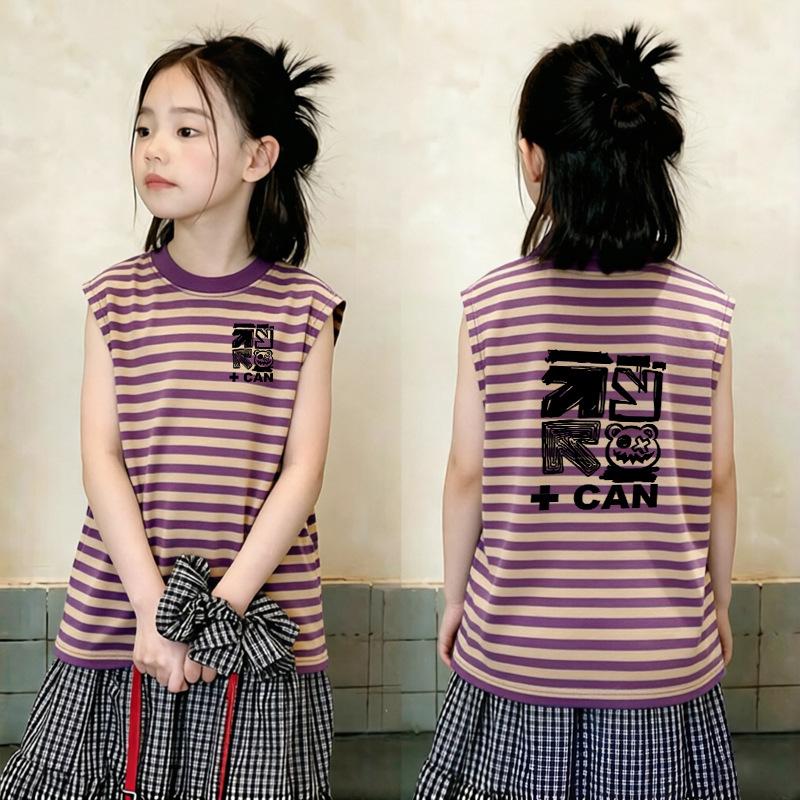 Girls' Striped Letter Print Sleeveless T-shirt - 2026 Summer Collection, Color Block, Loose Fit for Medium & Large Children