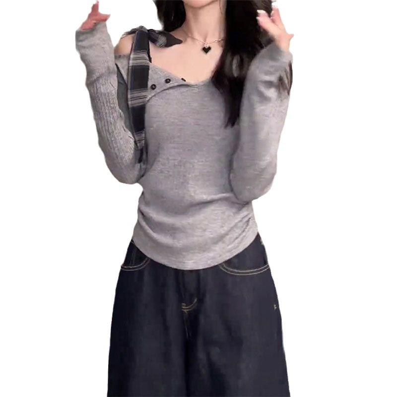 2024 Autumn Irregular Tie-Up Long Sleeve Slimming Knit Top