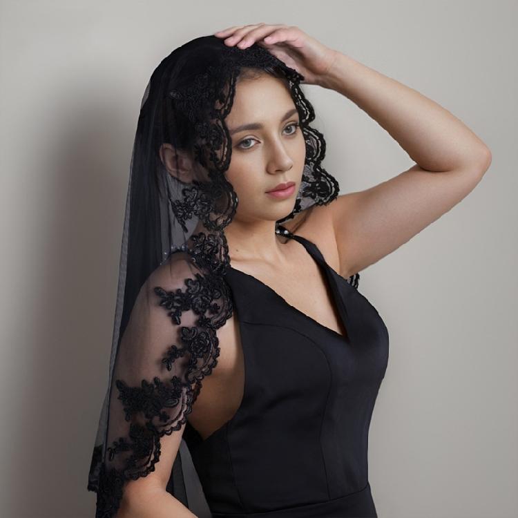 Black Lace Halloween Bride Lace Mantilla Bridal Wedding Veil Head Covering Scarf