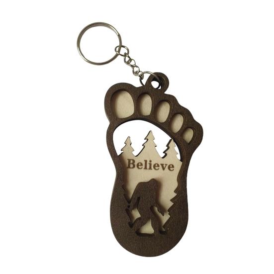 Footprint Charm Keychain with Forest Savage Pattern Double Layer Wooden Craft Key Ring Backpack Pocket Key Chain