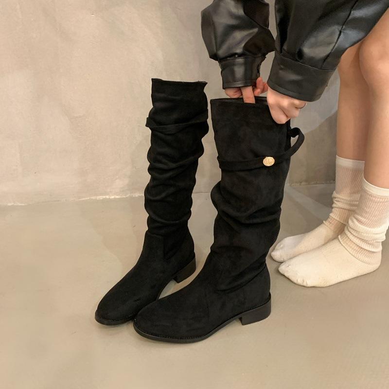French Thick Heel Apricot Suede Piled Boots Women's Shoes 2025 New Spring and Autumn Winter Versatile Thin Long Boots