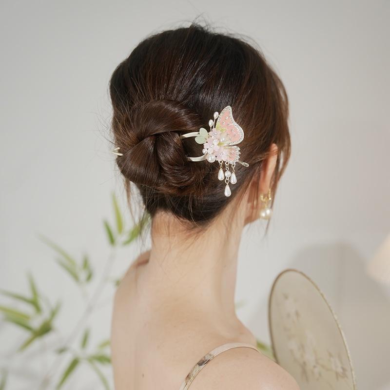 New Chinese temperament flower butterfly hairpin pearl fringed hairpin ancient Hanfu cheongsam plate head accessories hairpin