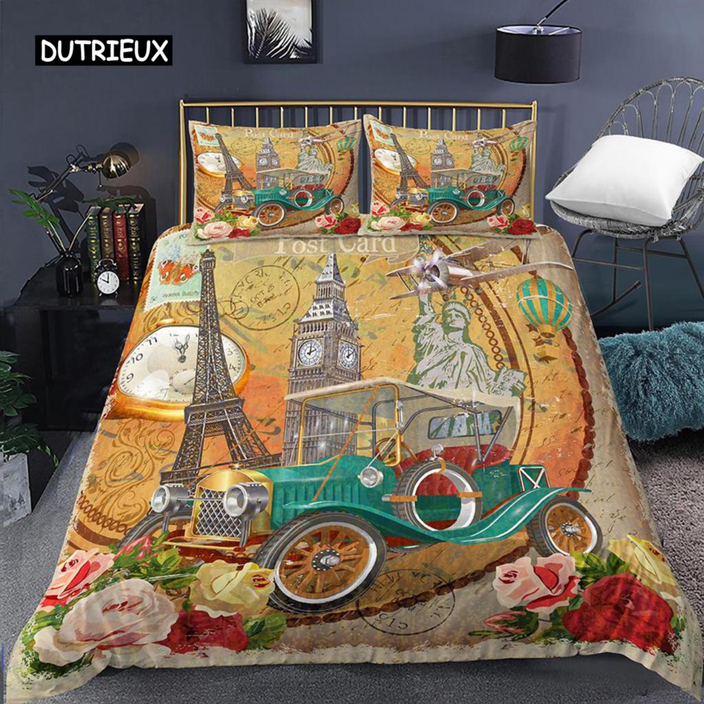 Eiffel Tower Duvet Cover Set Microfiber Paris France Comforter Cover Love Letters French Theme Retro Bedding Set Romantic Gifts